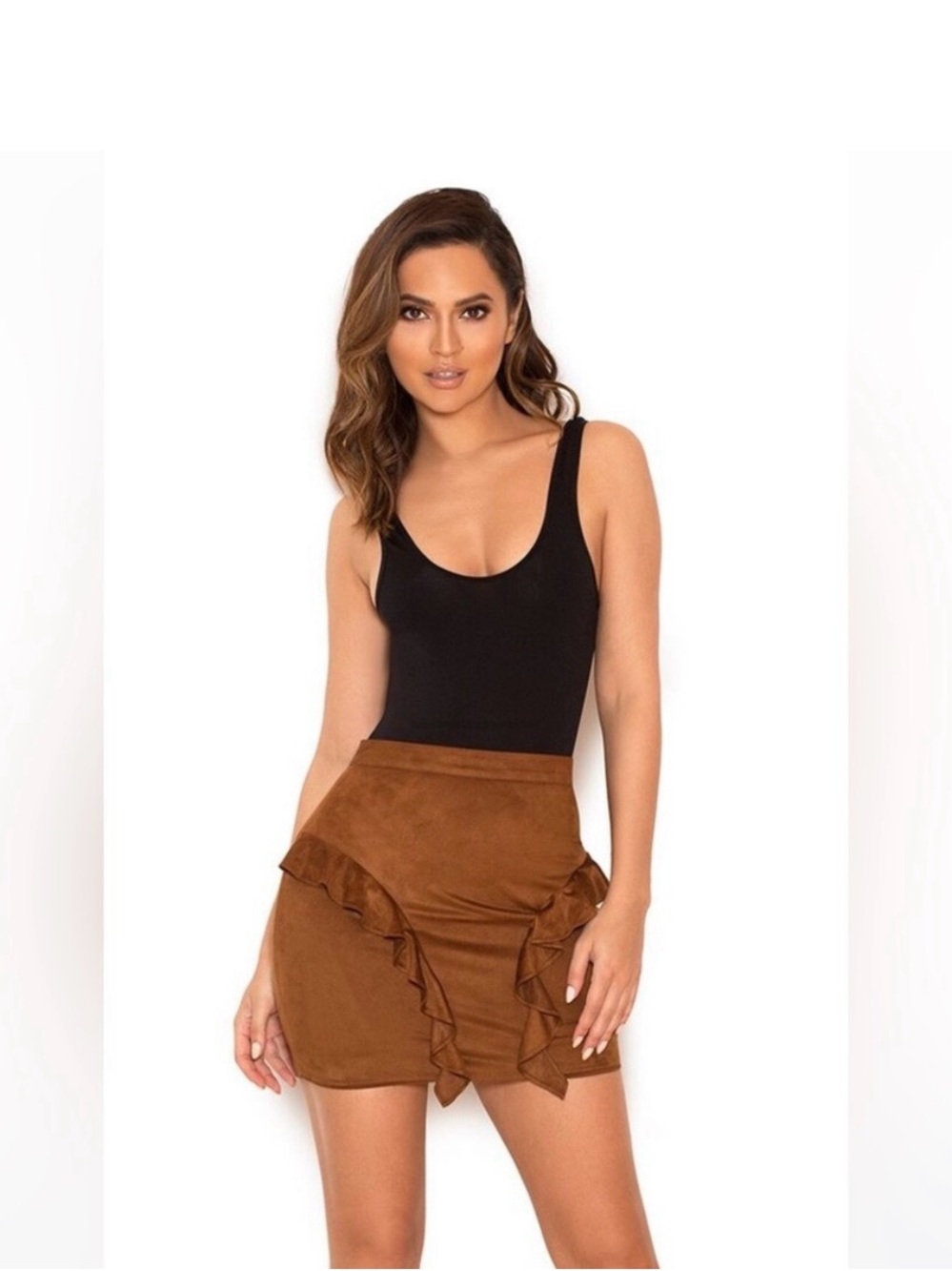 House of CB Rust Brown Suede Ruffle Mini Skirt